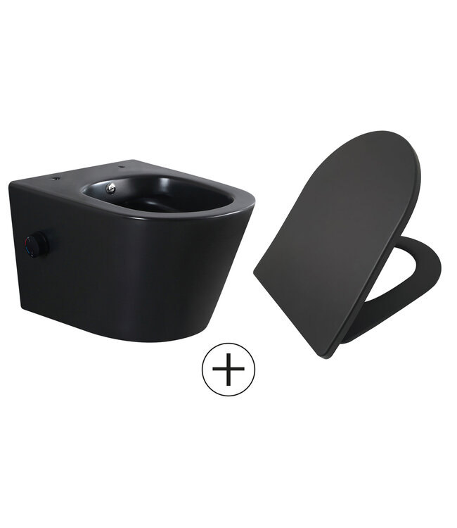 Bidet wc Wiesbaden Vesta Mat Zwart met geïntegreerde kraan Warm/Koud Randloos Incl. Shade Wc-bril - 32.3343