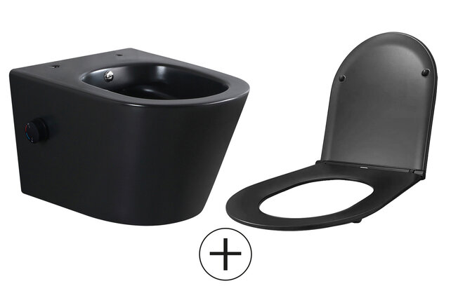 Bidet wc Wiesbaden Vesta Mat Zwart met geïntegreerde kraan Warm/Koud Randloos Incl. Shade Wc-bril - 32.3346