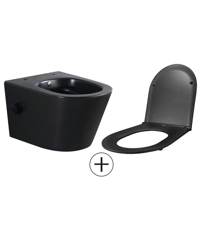 Bidet wc Wiesbaden Vesta Mat Zwart met geïntegreerde kraan Warm/Koud Randloos Incl. Shade Wc-bril - 32.3346