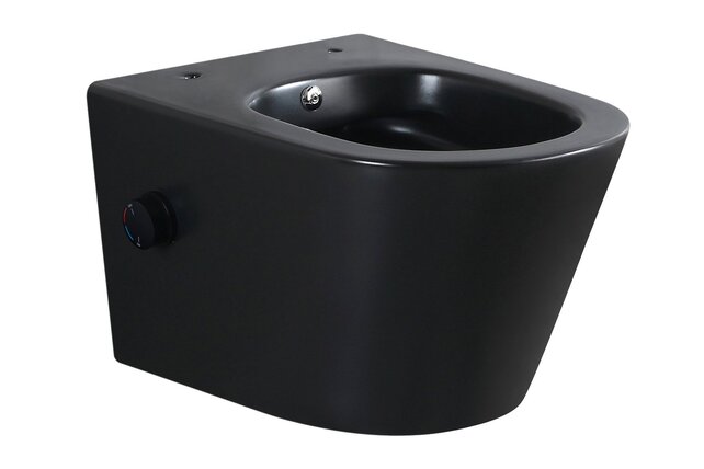 Bidet wc Wiesbaden Vesta Mat Zwart met geïntegreerde kraan Koud Randloos Incl. Shade Wc-bril - 32.3338 Bidet wc Wiesbaden Vesta Mat Zwart met geïntegreerde kraan Koud Randloos Incl. Shade Wc-bril - 32.3338
