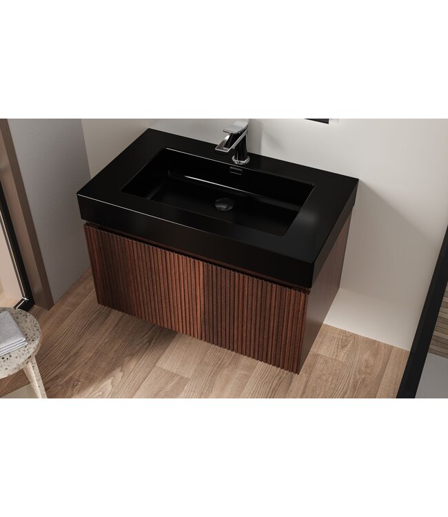 Badkamermeubel Ela Walnoot 80cm Ribbelfront - Wastafel Mat Zwart met kraangat
