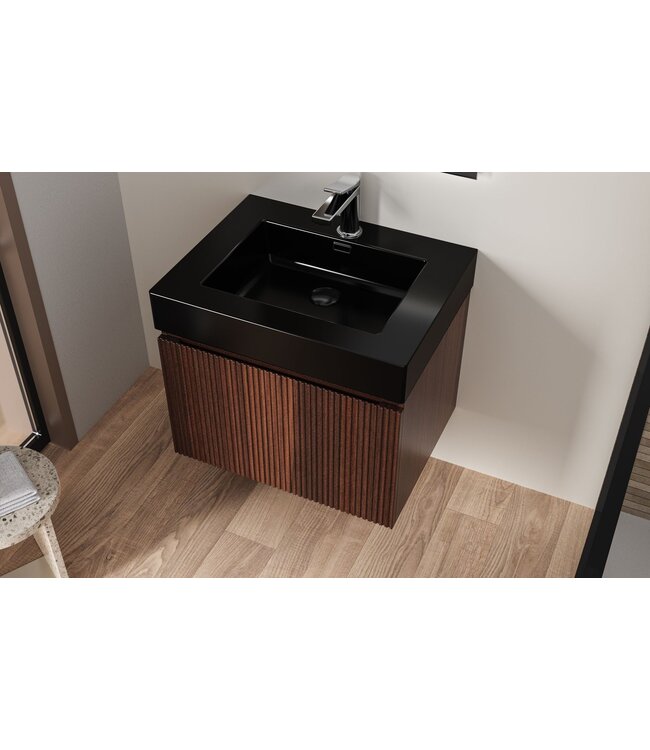 Badkamermeubel Ela Walnoot 60cm Ribbelfront - Wastafel Mat Zwart met kraangat