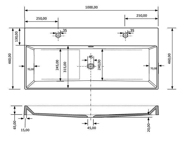 Wastafel Lako Mat Cappuccino 100x46x7cm 2 kraangaten Wastafel Lako Mat Cappuccino 100x46x7cm 2 kraangaten
