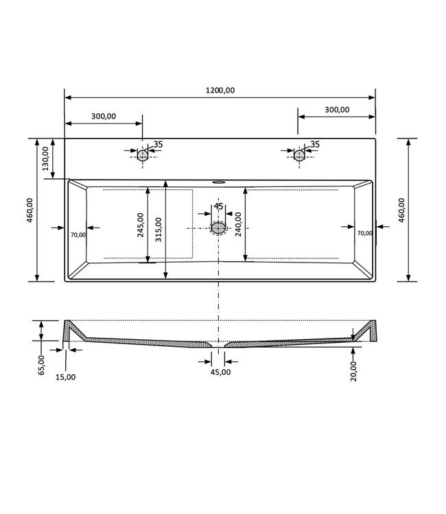 GLISS DESIGN Wastafel Lako Mat Zwart 120x46x7cm enkele wasbak 2 kraangaten