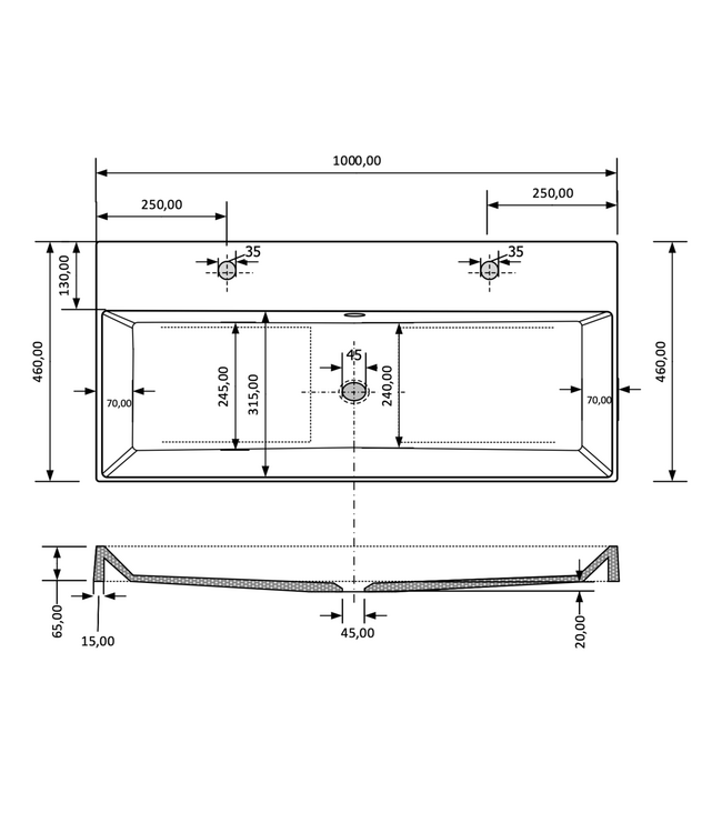 GLISS DESIGN Wastafel Lako Glans Wit 100x46x7cm 2 kraangaten
