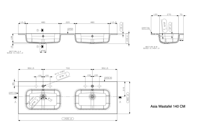 Wastafel Asia Mat Zwart 140cm Dubbele wasbak 2 kraangaten