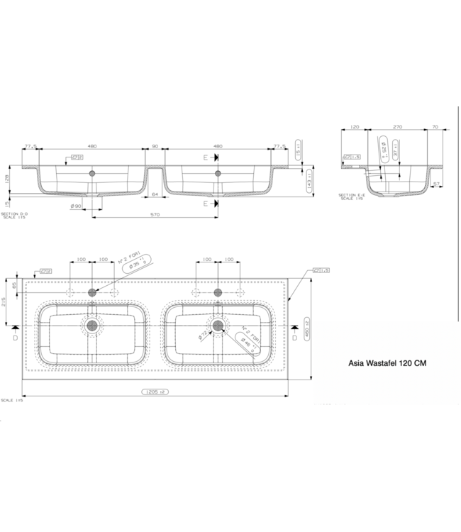 Wastafel Asia Mat Zwart 120cm Dubbele wasbak 0 kraangaten
