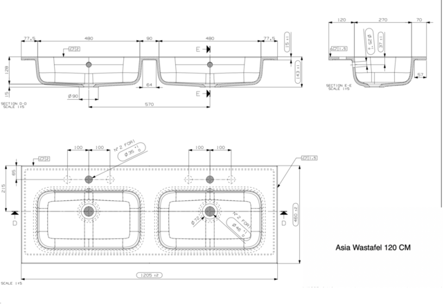 Wastafel Asia Mat Zwart 120cm Dubbele wasbak 2 kraangaten Wastafel Asia Mat Zwart 120cm Dubbele wasbak 2 kraangaten