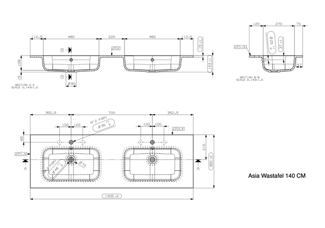 Wastafel Asia Mat Wit 140cm Dubbele wasbak 2 kraangaten