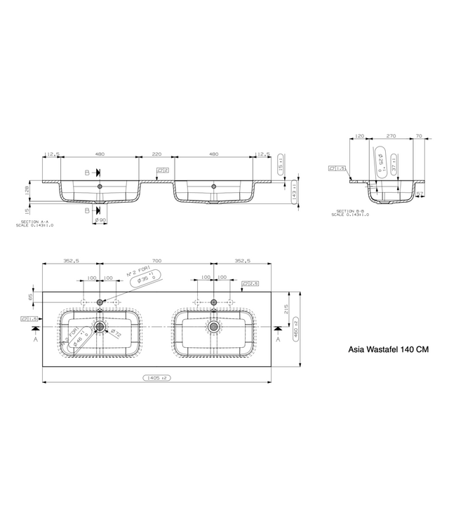 Wastafel Asia Glans Wit 140cm Dubbele wasbak 2 kraangaten