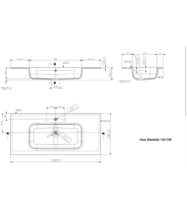 Wastafel Asia Glans Wit 100cm wasbak met 1 kraangat