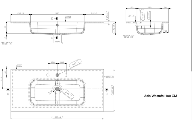 Wastafel Asia Glans Wit 100cm wasbak zonder kraangat Wastafel Asia Glans Wit 100cm wasbak zonder kraangat