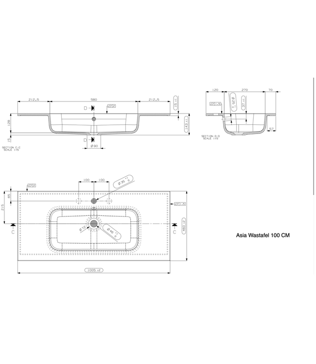 Wastafel Asia Mat Zwart 100cm wasbak met 1 kraangat