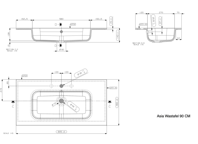 Wastafel Asia Mat Zwart 90cm wasbak zonder kraangat