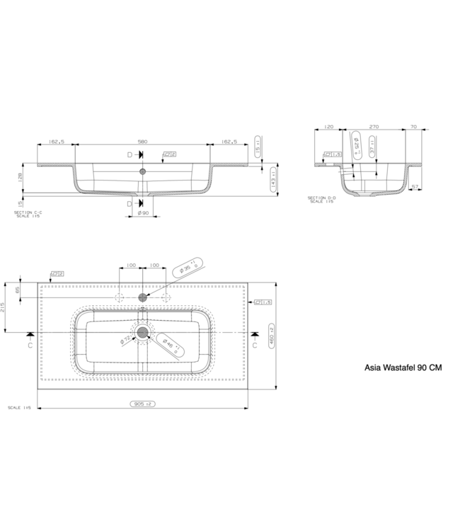 Wastafel Asia Glans Wit 90cm wasbak zonder kraangat