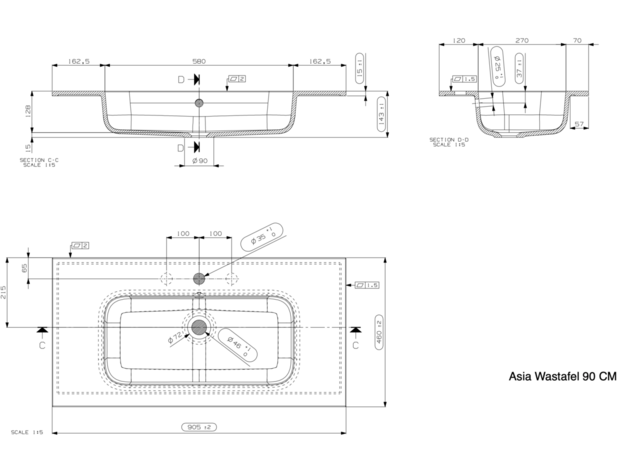 Wastafel Asia Glans Wit 90cm wasbak met kraangat Wastafel Asia Glans Wit 90cm wasbak met kraangat