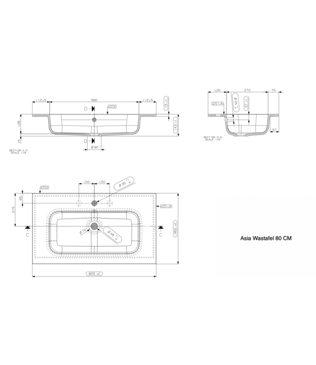Wastafel Asia Mat Wit 80cm wasbak zonder kraangat