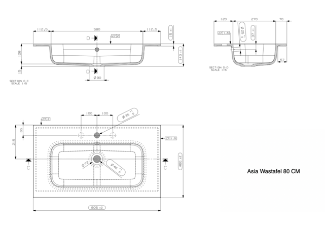 Wastafel Asia Mat Zwart 80cm wasbak zonder kraangat Wastafel Asia Mat Zwart 80cm wasbak zonder kraangat
