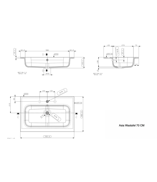 Wastafel Asia Mat Zwart 70cm wasbak zonder kraangat
