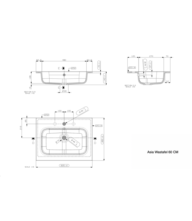 Wastafel Asia Mat Zwart 60cm wasbak met kraangat