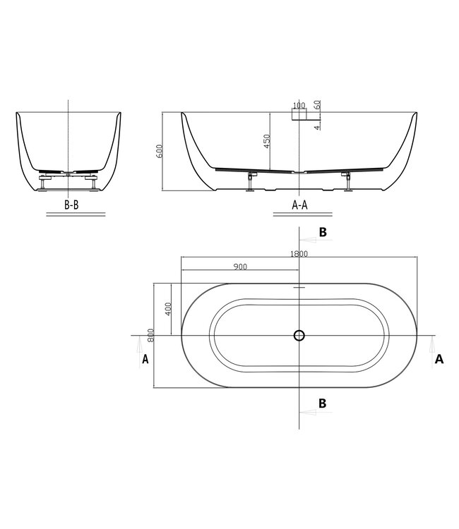 Wiesbaden Vrijstaand ligbad Trens Glans Wit 180x80cm acryl met waste - 21.3675
