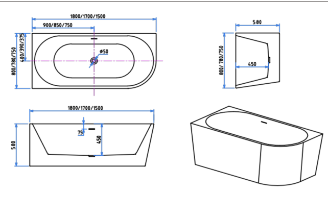 Hoekbad Half Vrijstaand Andora Links Glans Wit 180x80cm Linkshoek met Badwaste en Overloop