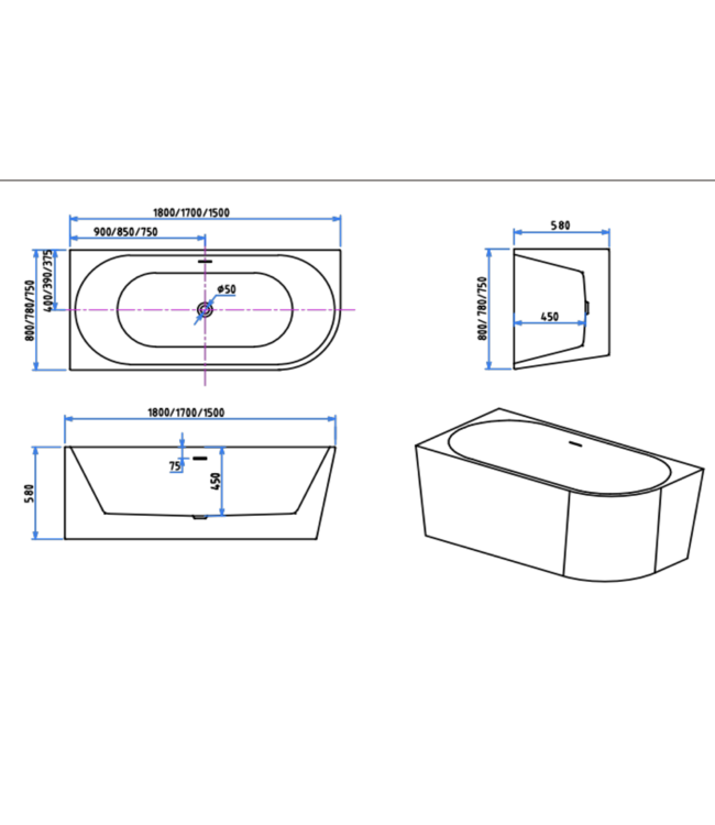 Hoekbad Half Vrijstaand Andora Links Glans Wit 180x80cm Linkshoek met Badwaste en Overloop
