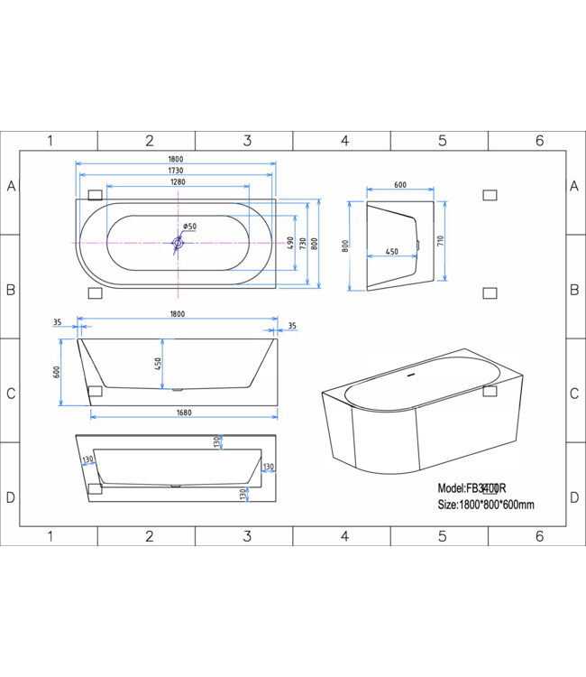 ALONI Hoekbad Half Vrijstaand Andora Rechts Glans Wit 180x80cm Rechtshoek met Badwaste en Overloop