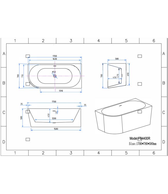 Hoekbad Half Vrijstaand Andora Rechts Glans Wit 170x78cm Rechtshoek met Badwaste en Overloop