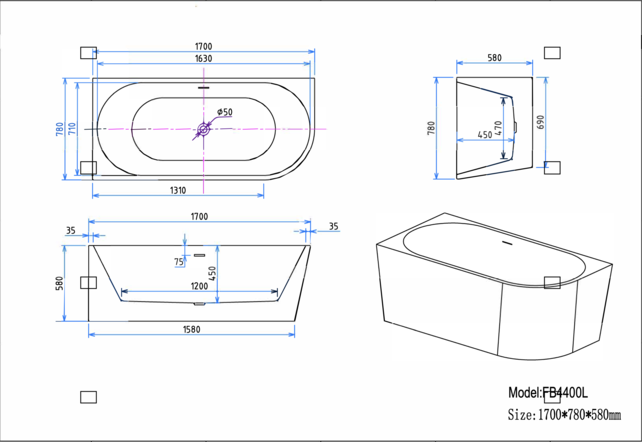Hoekbad Half Vrijstaand Andora Links Glans Wit 170x78cm Linkshoek met Badwaste en Overloop Hoekbad Half Vrijstaand Andora Links Glans Wit 170x78cm Linkshoek met Badwaste en Overloop