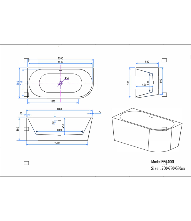 ALONI Hoekbad Half Vrijstaand Andora Links Glans Wit 170x78cm Linkshoek met Badwaste en Overloop