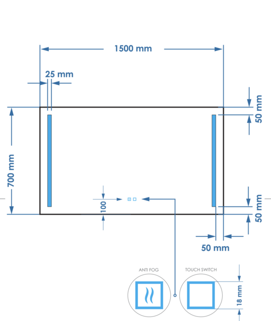 Badkamerspiegel met verlichting 150x70cm Gliss LED Verticaal Dubbel met spiegelverwarming (Alle maten)