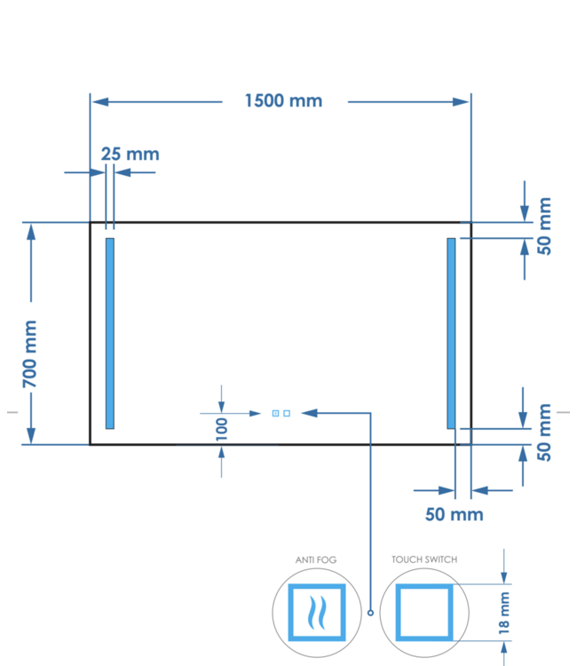 Badkamerspiegel met verlichting 150x70cm Gliss LED Verticaal Dubbel met spiegelverwarming (Alle maten)