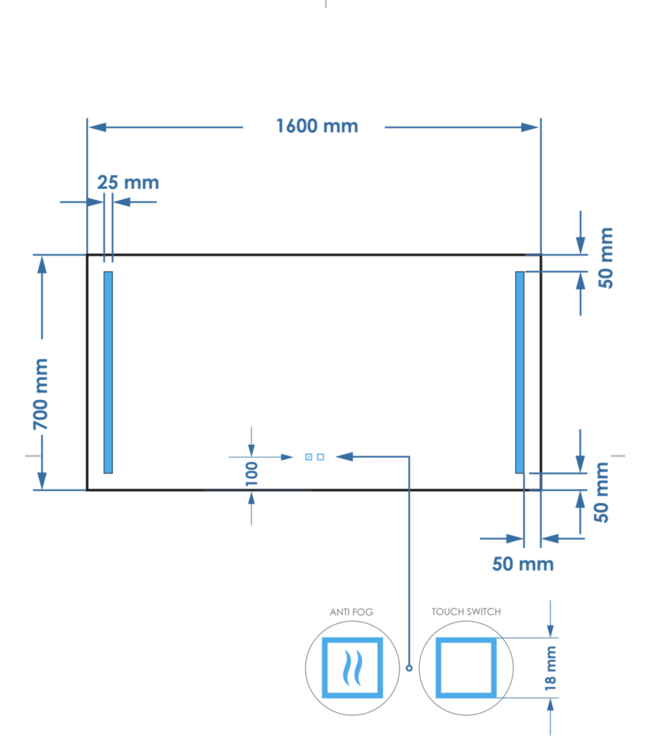 Badkamerspiegel met verlichting 160x70cm Gliss LED Verticaal Dubbel met spiegelverwarming (Alle maten)
