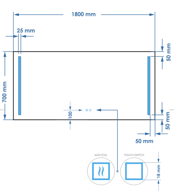 Badkamerspiegel met verlichting 180x70cm Gliss LED Verticaal Dubbel met spiegelverwarming (Alle maten)