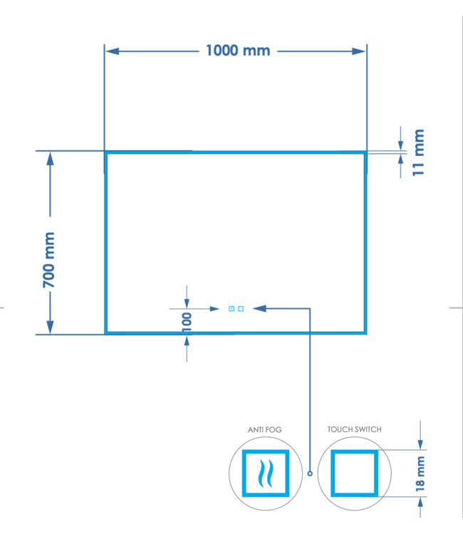 GLISS DESIGN Spiegel Gliss Style 100x70cm Indirecte LED Verlichting dimbaar en verwarming