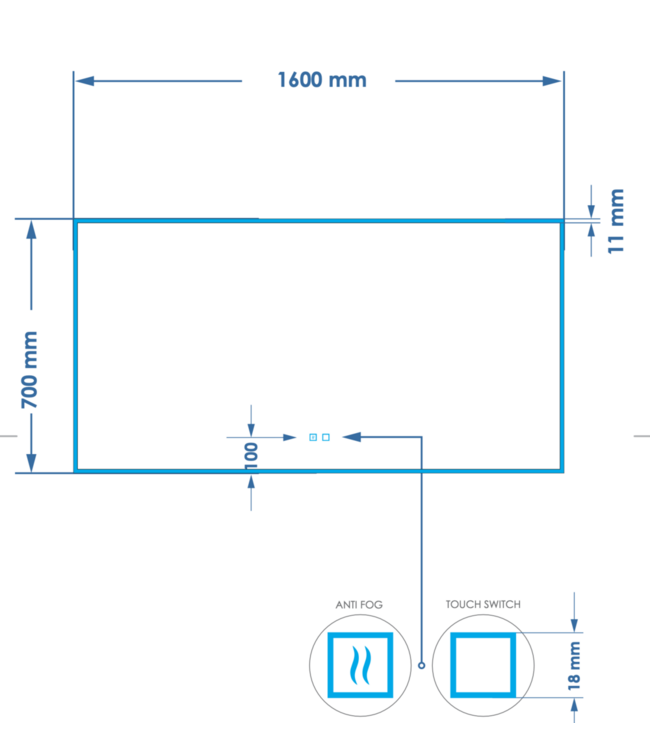 Spiegel Gliss Style 160x70cm Indirecte LED Verlichting dimbaar en verwarming