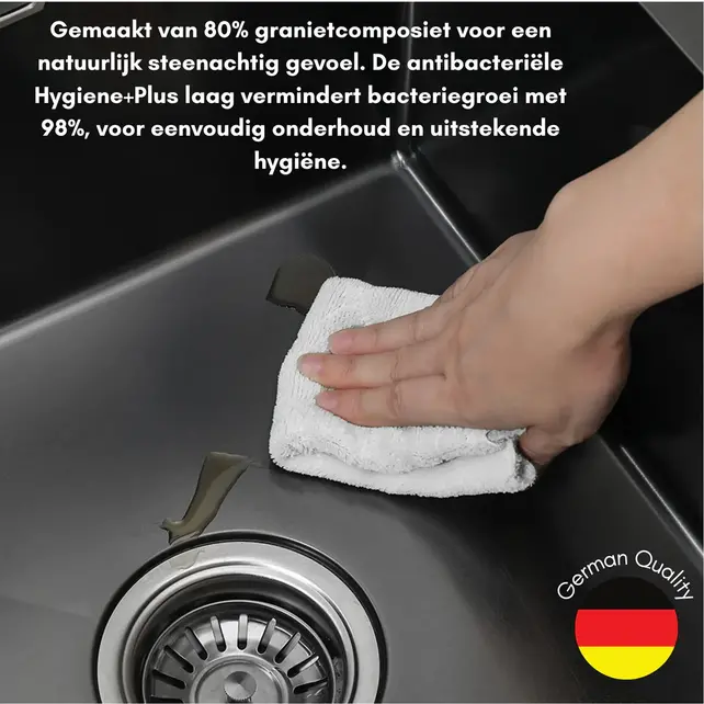 Spoelbak keuken Graniet Zwart RealStone Troya 52x47cm Inclusief Aansluitstukken