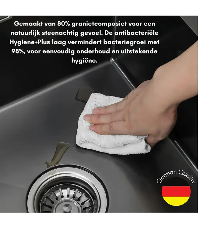 Spoelbak keuken Graniet Antraciet RealStone Troya 52x47cm Inclusief Aansluitstukken