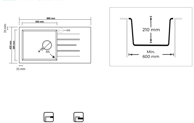 Spoelbak keuken Graniet Antraciet RealStone Troya 86x50cm Inclusief Aansluitstukken