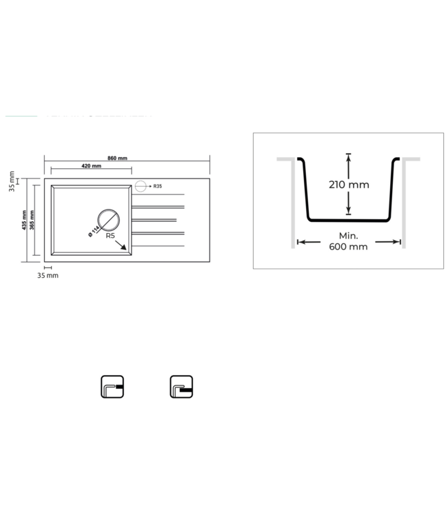 Spoelbak keuken Graniet Zwart RealStone Troya 86x50cm Inclusief Aansluitstukken