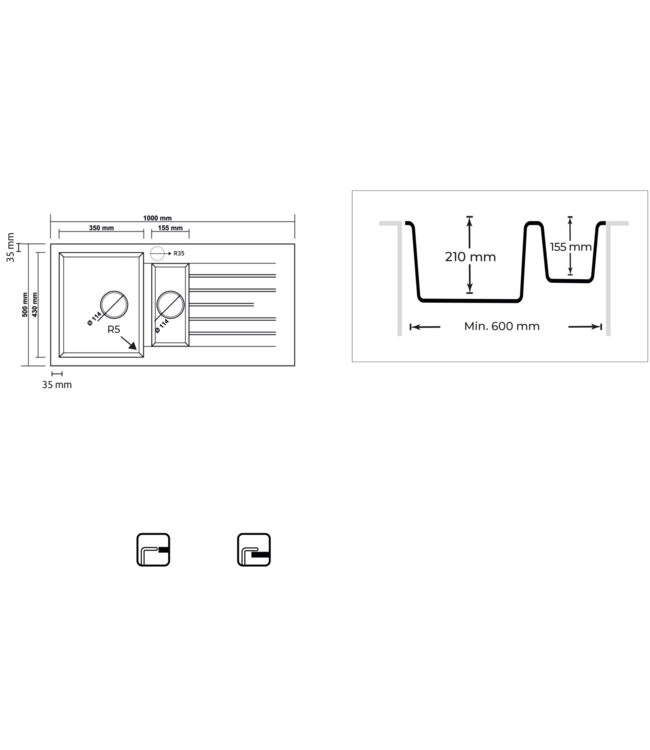 Spoelbak keuken Graniet Zwart RealStone Troya 100x50cm Inclusief Aansluitstukken