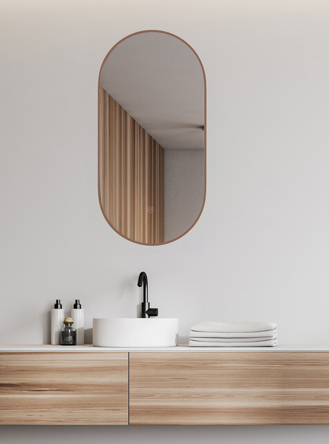 Spiegel ovaal Wiesbaden Nomi 50x100cm Geborsteld Brons koper met LED, dimbaar en spiegelverwarming - 38.3714