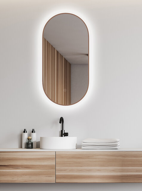 Spiegel ovaal Wiesbaden Nomi 50x100cm Geborsteld Brons koper met LED, dimbaar en spiegelverwarming - 38.3714