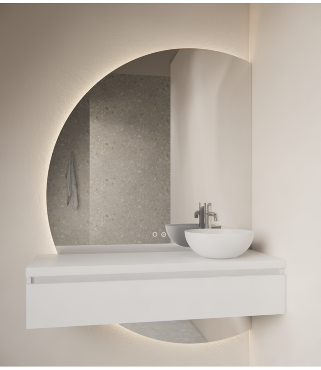 Badkamerspiegel Calypso Halve Maan Links 120 cm met Dimbaar LED verlichting en verwarming