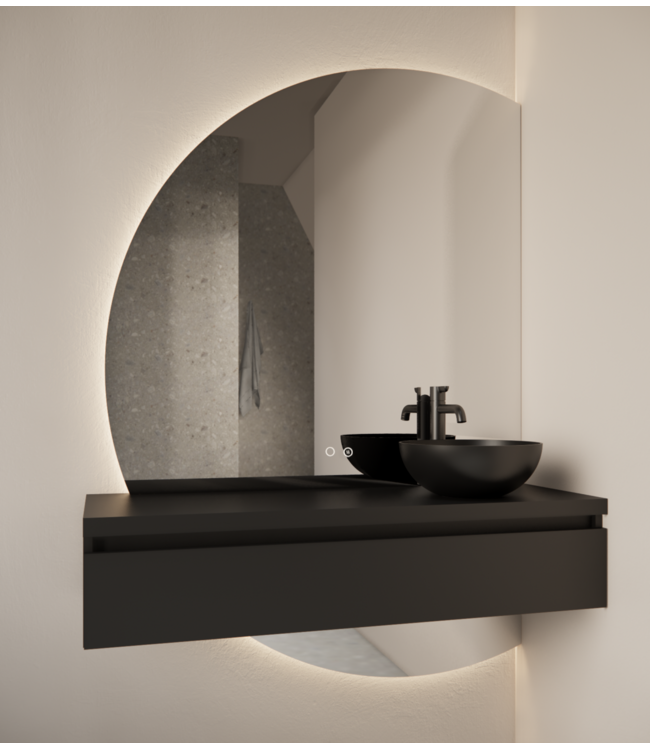 Badkamerspiegel Calypso Halve Maan Links 120 cm met Dimbaar LED verlichting en verwarming