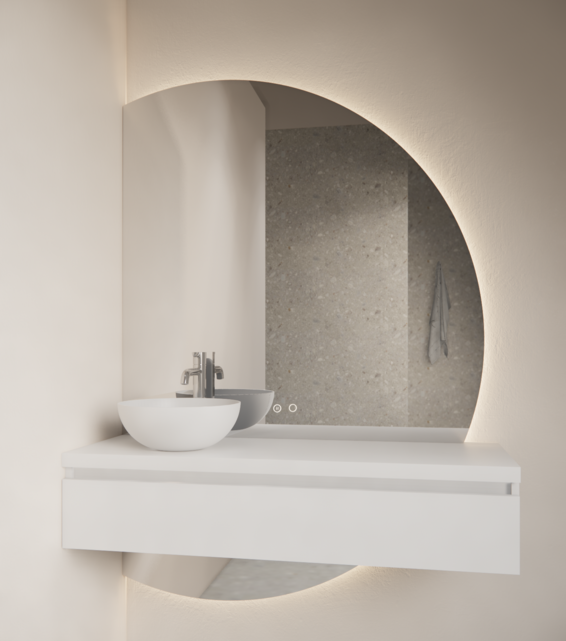 Badkamerspiegel Calypso Halve Maan Rechts 120 cm met Dimbaar LED verlichting en verwarming Badkamerspiegel Calypso Halve Maan Rechts 120 cm met Dimbaar LED verlichting en verwarming