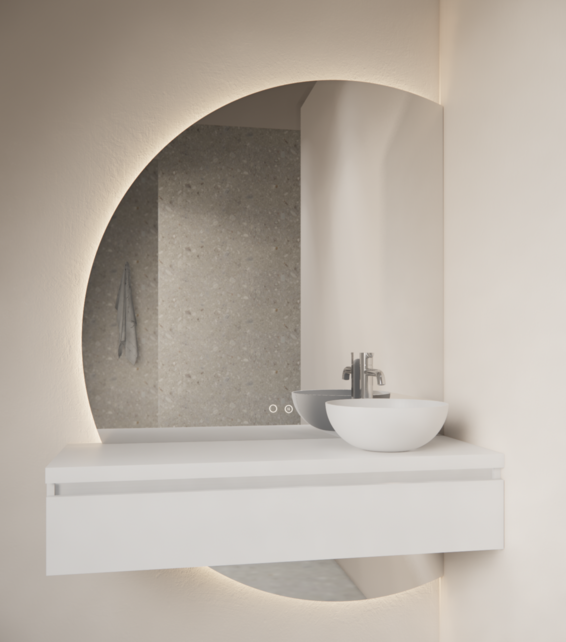 Badkamerspiegel Calypso Halve Maan Rechts 120 cm met Dimbaar LED verlichting en verwarming Badkamerspiegel Calypso Halve Maan Rechts 120 cm met Dimbaar LED verlichting en verwarming