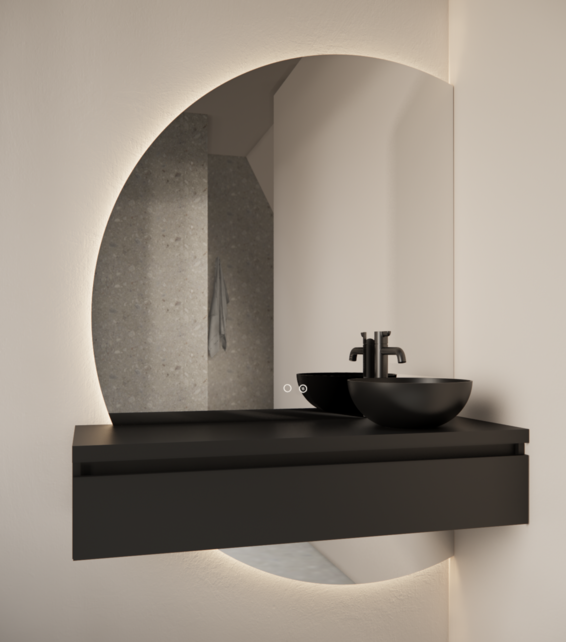 Badkamerspiegel Calypso Halve Maan Rechts 120 cm met Dimbaar LED verlichting en verwarming Badkamerspiegel Calypso Halve Maan Rechts 120 cm met Dimbaar LED verlichting en verwarming