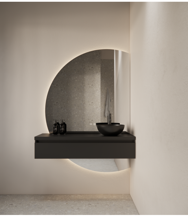 Badkamerspiegel Calypso Halve Maan Rechts 120 cm met Dimbaar LED verlichting en verwarming